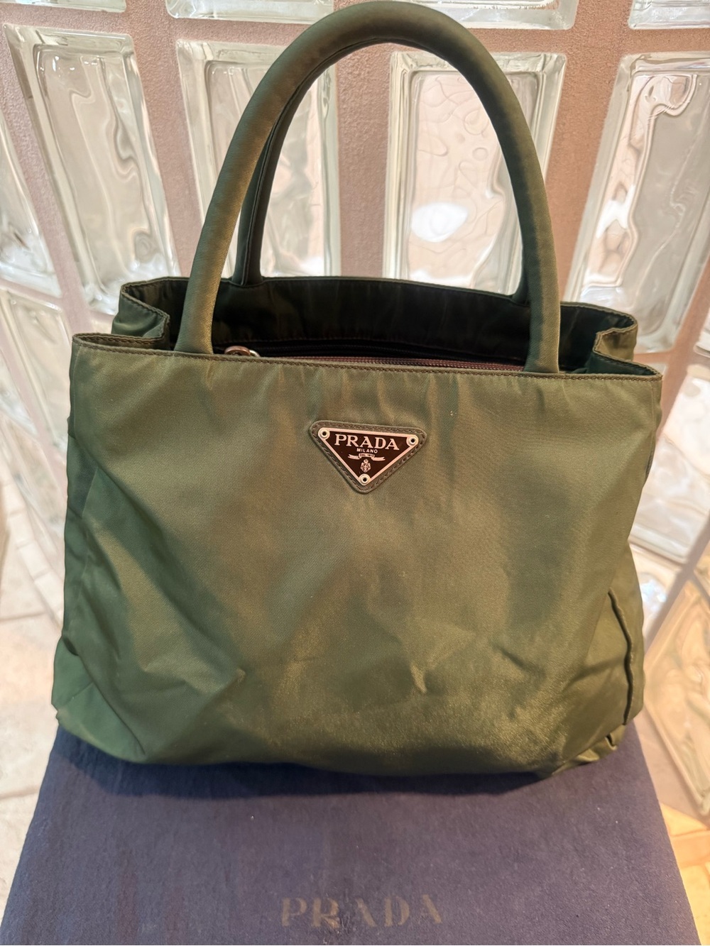 Prada Vintage Tessuto Nylon City Tote Bag in Olive/Khaki Green with Dust Bag.